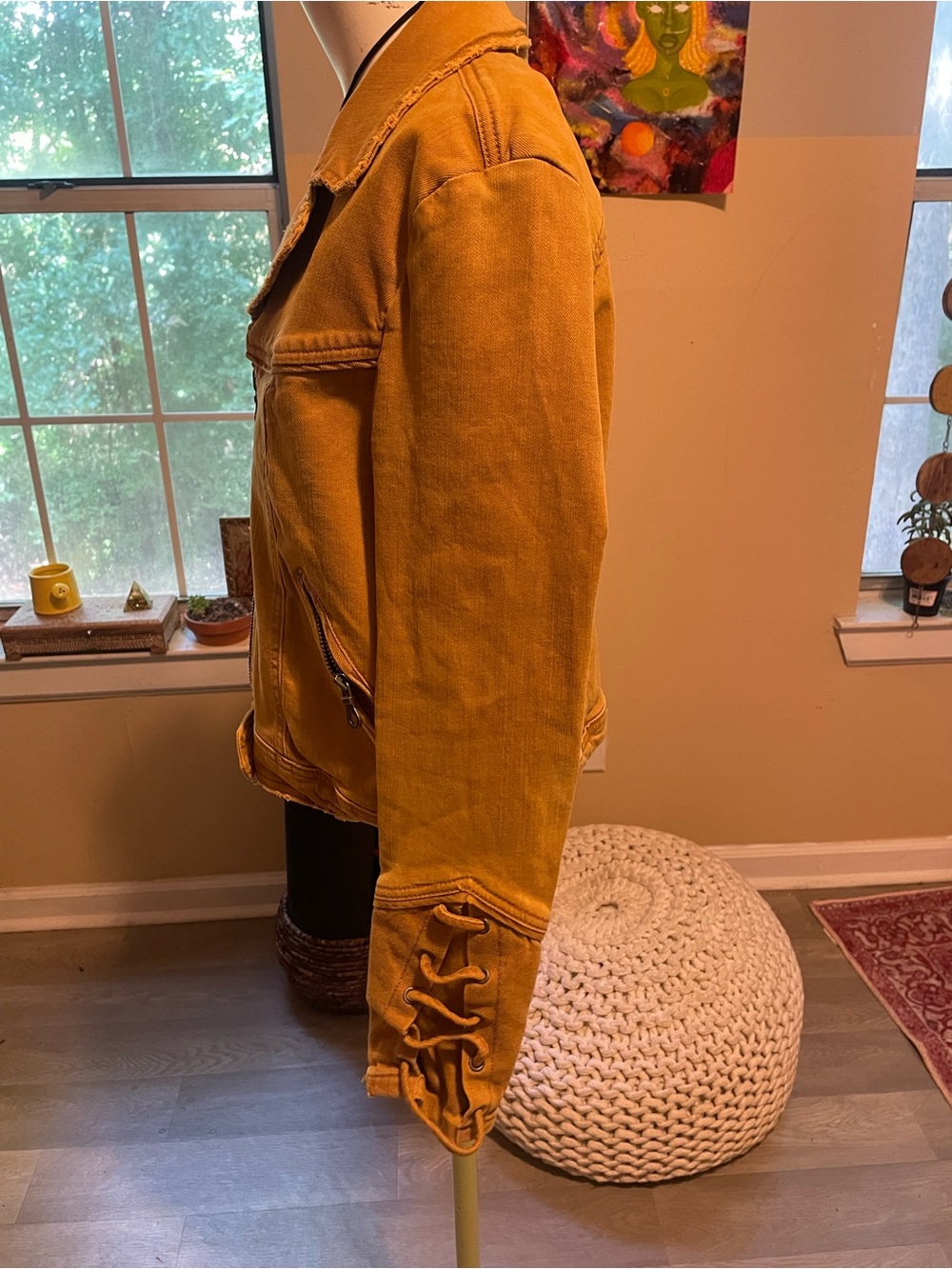 Free People Burnt Mustard Jean Jacket with Zip Front boho hippie - Picture 4 of 8